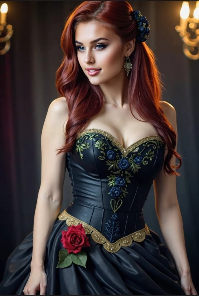 Twilight lady, beautiful and mysterious woman, a work of art of beauty, realistic and sharp focus, body from the knee up, wearing elegant peacock costume clothes. Professionally retouched, soft lighting, realistic and smooth face, perfect eyes, sharp focus on eyes, 8k, high definition, incredibly detailed, complex, elegant. on a background with white flowers in a studio, long red hair, yellow light in the hair, Nikon 7000 camera, 35mm lens, f22, speed 125sec, striking face, expressive and crystal clear amber eyes, black floral tulle veil with gold embroidered edges, bright red satin corset, detailed and intricate, draped black skirt, light fabric, with small red roses at the waist, dynamic pose. Full HD.