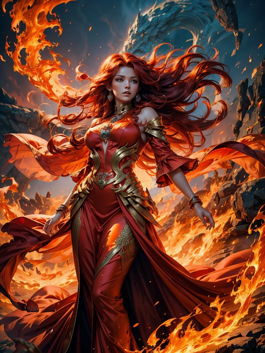 An elemental fire goddess with flowing red hair, surrounded by flames. She wears a delicate orange gown that flickers like fire, and her skin glows with a fiery light. Her expression is calm and powerful as she walks through a burning landscape.