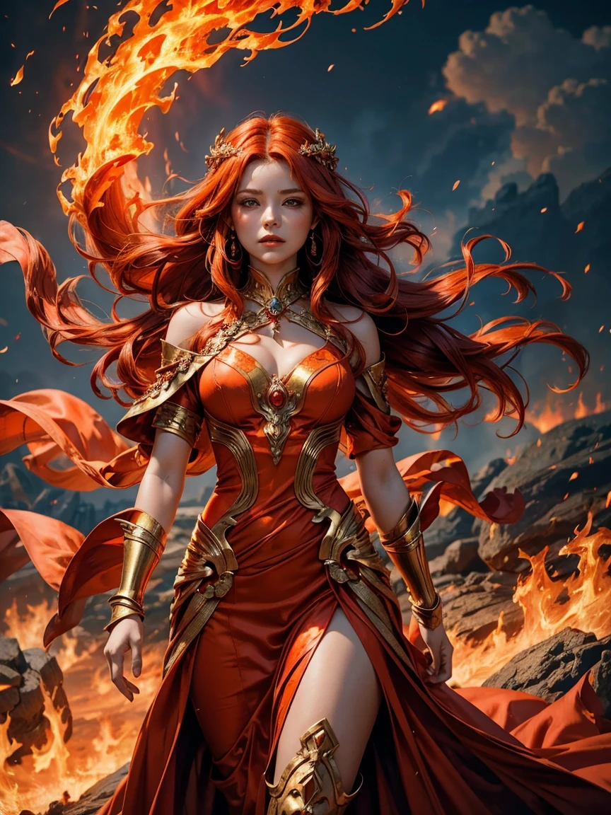 An elemental fire goddess with flowing red hair, surrounded by flames. She wears a delicate orange gown that flickers like fire, and her skin glows with a fiery light. Her expression is calm and powerful as she walks through a burning landscape.