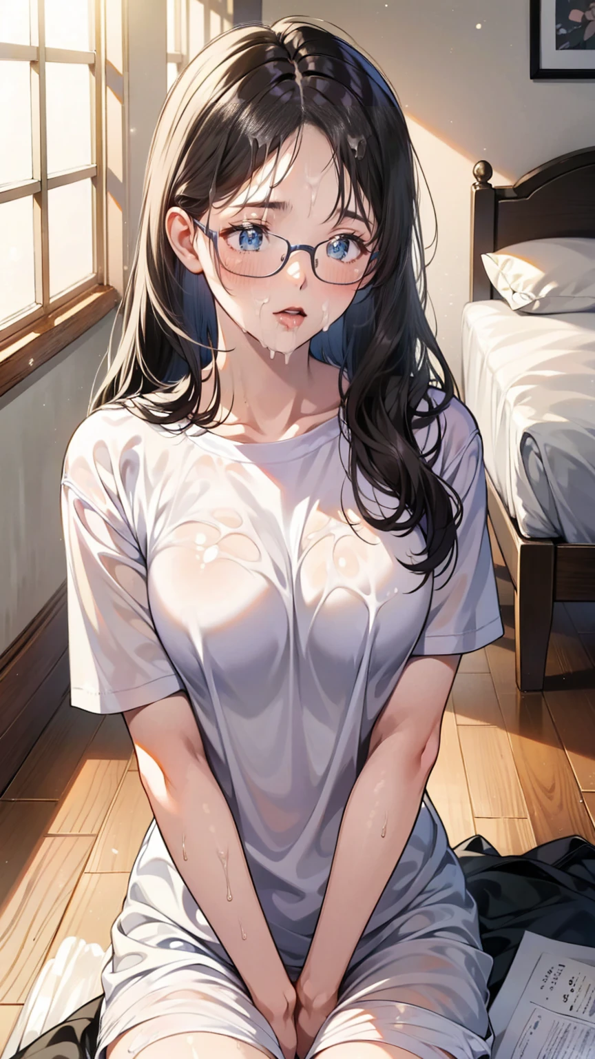 summer、bedroom、thick、sweat、sexy(((((Eyes hidden by long bangs)))))、(((Long black hair:1.2)))(((Black-rimmed glasses:1.2　Black Eyes)))、Strong sunlight、thicksummerの昼間、The whole body is covered in oilで光沢感がある　とても beautiful girl with high breasts　ベッドに横たわる beautiful girl with high breasts　Your breasts are too big　Very large 　 I have my hands between my legs 　Yogurt sauce spilled on the ground　Tissue paper on the ground,　  tissue paper that has been messed up all over , Tissue paper on the ground,　顔に過度のsweatがかく,sweatを垂らす,Sit on the bed,　Dirty duvet　Very old gym mat ,Gymnasium Warehouse,　There are a lot of used tissues on the floor ,　 Tiny rolls of tissue paper {x} crumpled used trash scattered all over..,　, 　 使用済みティッシュペーパーで messy room ,　I feel like crying　Embarrassing　 grab a woman 　Hardwood Floors　 scattered around 　The upper body is school&#39; Designated white gym clothes ., Blue Sleeves　The lower half of the body is blue bloomers　Tight-fitting bloomers　 high school student 　  illustration style　 anime style　Small lips　 beautiful girl with high breasts　Very cute clothes　Pink cheeks　 light purple hair 　Blonde long hair　Super Curly Hair　Super long sideburns　Rubber clothing　Hairbands　Pearl white silk tights that become transparent when wet　White extra long boots　Big Eyes　Droopy eyes　Shocking Pink Rouge　大量にsweatをかく　　 tissue paper that has been messed up all over 　My whole body is wet from the rain　Steam coming out of the whole body　Steam rises across the screen.　White Breath　Let　The whole body is covered in oil　evening　Overall orange background　Twilight Sun 全身図　Your whole body fits on the screen　The whole body is covered in oilで光沢感がある　 tears away a small roll of used tissue paper,　 Crumpled tissue paper,  used tissue paper torn on the floor ,　顔に過度のsweatがかく,sweatを垂らす,汚れたSit on the bed,　Dirty bedding　Old gym mat ,Gymnasium Warehouse,　 there are lots of small scraps of paper on the floor .. ,　 Tiny rolls of tissue paper {x} crumpled used trash scattered all over..,　Very dirty, 　  messy room ,　[Frightened　I feel like crying　Embarrassing　 grab a woman 　Hardwood Floors　 used tissue paper scattered all over 　とても beautiful girl with high breasts　 high school student 　  illustration style　 anime style　Small lips　Frightenedた顔　baby face　 beautiful girl with high breasts　Very cute clothes　Pink cheeks　 light purple hair 　Blonde long hair　Super Curly Hair　Super long sideburns　Rubber clothing　Hairbands　Pearl white silk tights that become transparent when wet　White extra long boots　Big Eyes　Droopy eyes　Stern expression　Shocking Pink Rouge　大量にsweatをかく　　 tissue paper that has been messed up all over 　My whole body is wet from the rain　Mucus builds up all over the body　Steam coming out of the whole body　Steam rises across the screen.　White Breath　Let　The whole body is covered in oil　evening　Overall orange background　Twilight Sun 
