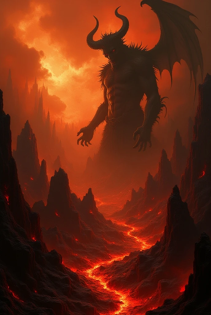 Hell, infernal landscape, fiery creatures, intense red hues, (hyperrealistic facial features:1.3)