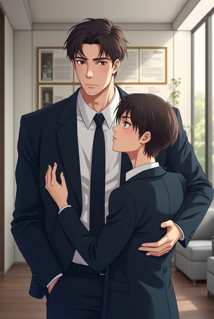 A 54-year-old man and a 43-year-old man hugging each other、Two middle-aged men、((White Y-shirt and tie))、Black Background、Detailed facial expressions、(masterpiece),Highest quality,Excellent anatomy、Angle from below、 Wet with rain、