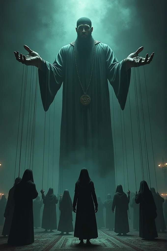 An image showing giant hands of islamic scholar covering above Muslim people, with strings attached to various parts of the peoples like a puppet master controlling people. The atmosphere is dark and mysterious, with subtle glowing lines representing the influence and control over the people