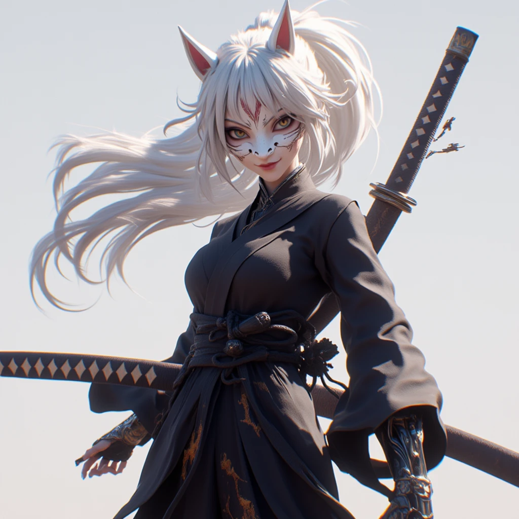  Anime inspired sword art online, 1 woman,   Pure White Hair,  open mask on hair , fox mask , Black suit,  with sword in back pod ,  battojutsu, Full body  ,  dynamic movement ,  3d, 3D rendering  ,  look from bottom to top .