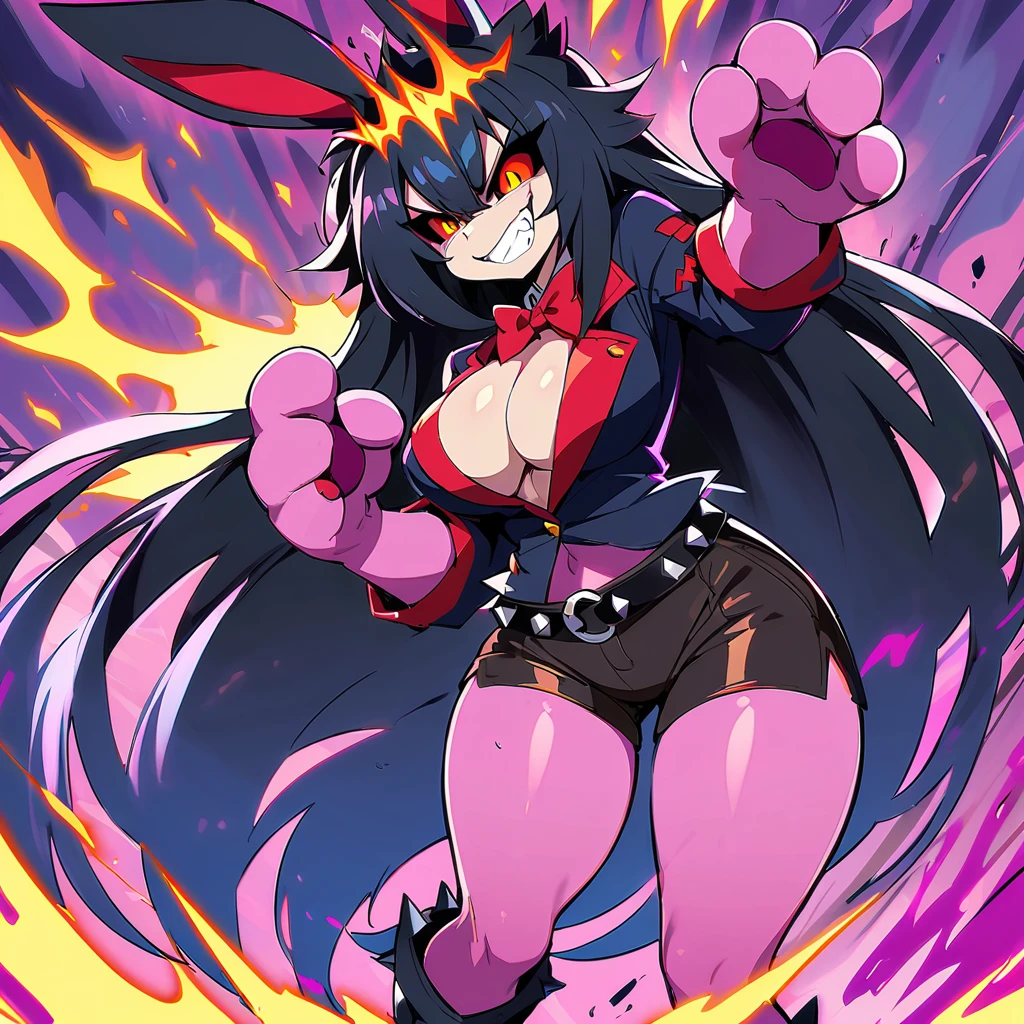 action shot of breathtaking, 1girl, solo, wolfie, leather pants, hells, facial mark, yellow eyes, wolf claws, white sights, fangs, award-winning, professional, highly detailed. Movement, energy, dynamic, intense, lightning, best quality 