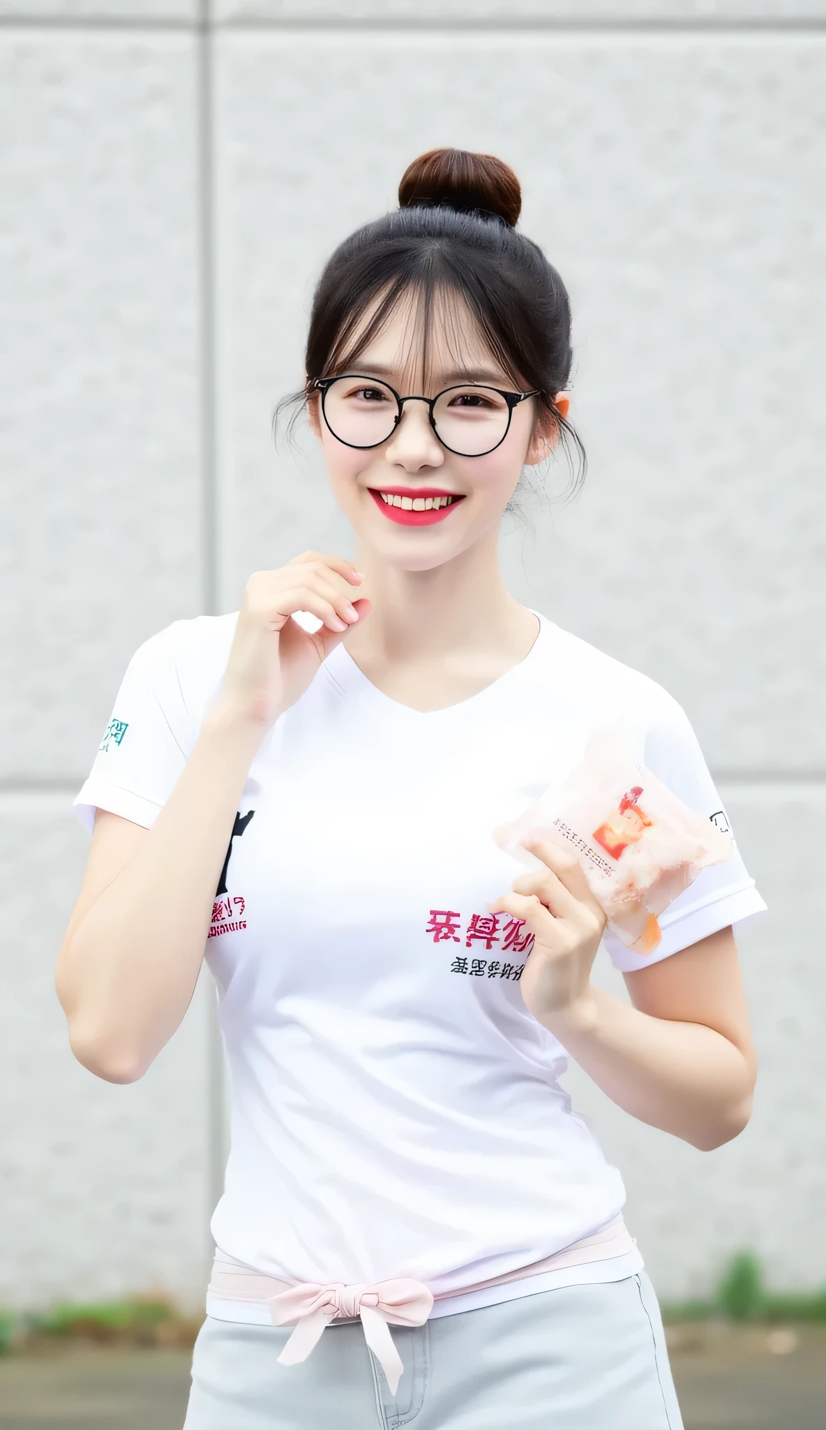 Beautiful girl taking a selfie、Clear facial skin、Glowing facial skin、Thin face、Thin Nose、Big smile、Perfect body、(Big Breasts:1.3)、(Plus Size Model:1.3)、White T-shirt、 wall background、White skin、Natural Makeup, brown short curly hair, circle glasses