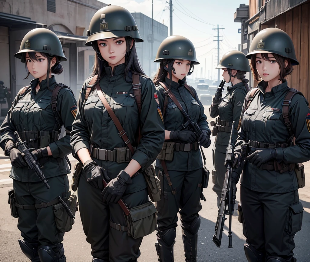 highly insanely detailed, masterpiece, top quality, best quality, highres, 4k, 8k, RAW photo, (very aesthetic, beautiful and aesthetic), 1girl, solo, cowboy shot, ((IJA Taisho, khaki uniform, IJA officer,)), IJA peaked cap,cloak,black long boots, hand on hip,small breasts, narrow waist, black hair, long hair, hime cut, blunt bangs, red eyes, smug,evil smile, <lora:IJAuniform-v1:0>, white gloves, holster, leather belt pouch, ruined city, ruined street, on fire, night sky,