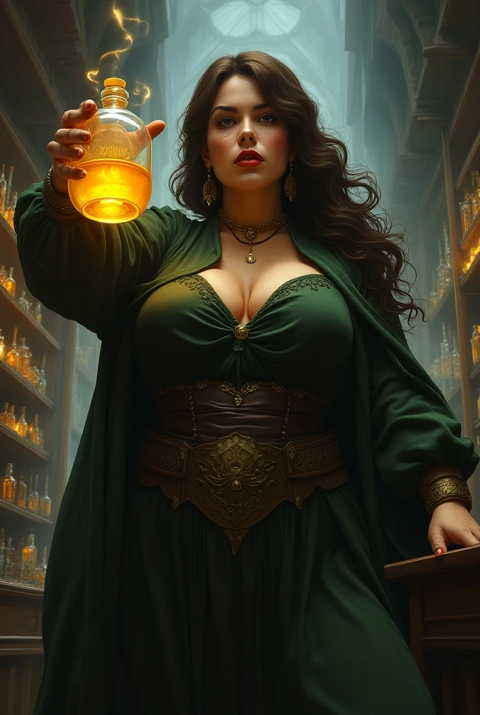 28 Jahre,a beautiful young woman, lange braune geflochtene Haare, Hogwarts Haus Huffelpuff, langer gelber Umhang, bare breasts, bare boobs, goldene Dachskette um den Hals, Hogwarts im Hintergrund, holds yellow fire in his hand, Hand brennt gelb,
