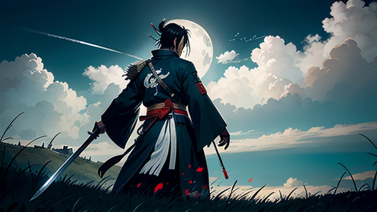 Isshin, the Sword Saint is a legendary warrior and the founder of the Ashina Clan. He is an old man with white hair and beard, wearing a blue kimono with black patterns and a white cloak. He carries a katana and a spear. He also has a gun hidden in his sleeve.
He awaits Sekiro in the great grass field where he first fought Genichiro Ashina, his grandson. The field is covered with blood and s of soldiers who died in the battle. The sky is dark and stormy, and lightning flashes occasionally. Isshin emerges from Genichiro’s body after he sacrifices himself to revive him using the Black Mortal Blade. He respects Sekiro as a worthy opponent and challenges him to a final duel for the fate of Ashina.
moon, dark theme, light, fantasy,