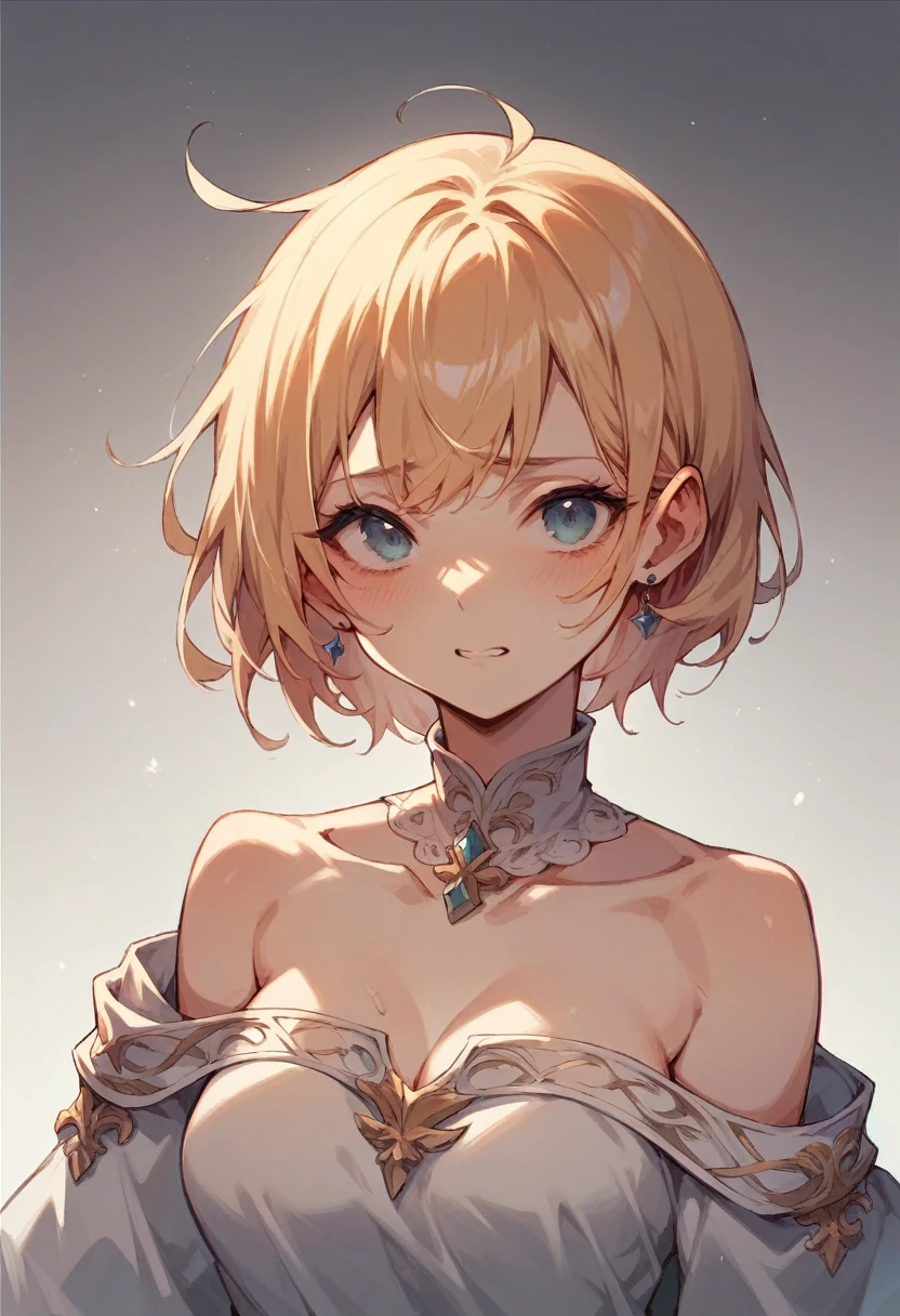 masterpiece, absurdres, best quality, ultra detailed, high Resolution, detailed illustration, bright colour, (extremely beautiful detailed face and eyes, Delicate beautiful face, 1 girl, cute face:1.3), (magenta eyes:1.1), sparkling eyes, big eyes, medium breasts, (perky breasts:1.1), (pointy breasts:1.1), medium hips, glamorous body, white skin, BREAK, long bob cut, (blonde hair:0.8), messy hair, detailed hair, shiny hair, BREAK (Sage, down blouse:1.3), perfect lighting, (embarrassed:1.3), (ecstasy, vulgarity:1.5), (trembling:0.8), full body, fantasy World,