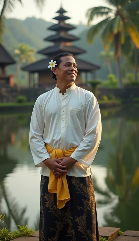 A handsome Asian man, wearing a traditional Indonesian hat and white top for men praying, a sarong underneath, his hands forward praying, smiling, his clean face facing the camera, the background is a magnificent and beautiful, luxurious mosque, with date palm trees around it, hyper realistic , uhdr 8k.