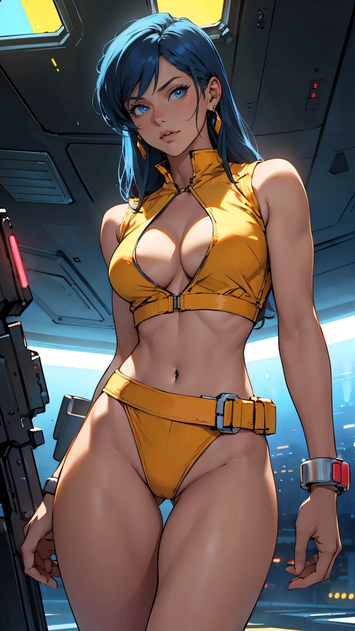 ((Masterpiece, highest quality; 1.3)), super quality, beautiful detail, super detailed, extra fine, 16K, exquisite, absurd, high resolution, beautiful background, detailed background, beautiful eyes, beautiful skin, anime style, dirtypairyuri, Dirty Pair Yuri in a skimpy light yellow outfit, long blue hair, blue eyes, earrings, white yellow uniform, white crop top, cutout, sleeveless, wearing tight clothing, skimpy, (breasts: 1.2), cleavage, cleavage, , obliques, fit arms, slim waist, ((wide hips)), fit thighs, (thigh gap), showing stomach, (skinny frame), wide hips, cyberpunk city background, holding a retro space gun