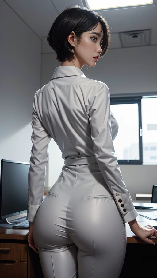 A heavily muscled iffb pro female bodybuilder, Ronda Rousey as corporate CEO, ((crimson satin formal trousers:1.24)), ((white satin shirt:1.25)), ((open unbuttoned latex black raincoat:1.23)), high bun wavy hair, leather fingerless gloves, seductive pose in front of a high rise window, sunset scene, hourglass figure, fit, seductive face, look at camera and wink, soft volumetric lights, intricate details, (ArtStation:1.2)