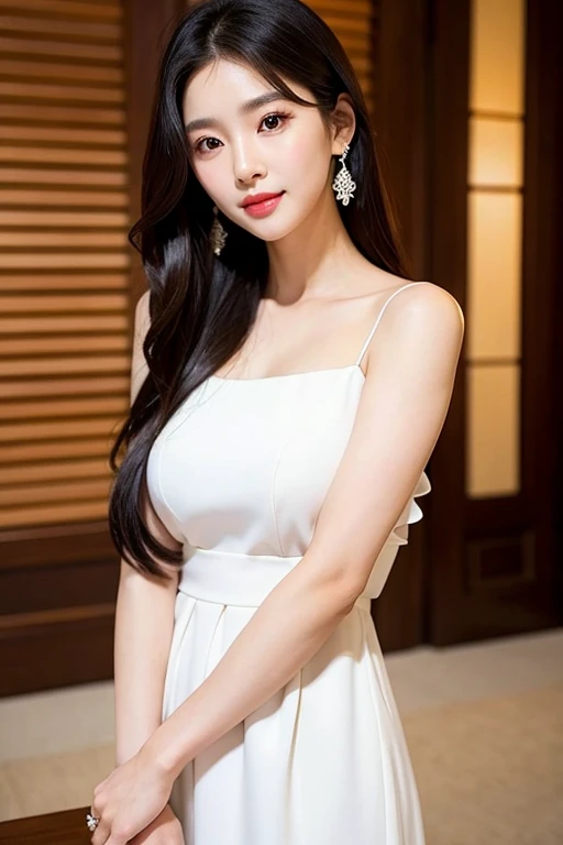 (24 year old lover), (big breasts:1.3), (Have a sumptuous dinner in front of you、wine glass in front)、(classy and cute girl:1.3), (Wearing an off-shoulder white silk blouse:1.2), (orange flare skirt:1.2), (slender body shape:1.1), beautiful clavicle,(master piece: 1.3), (maximum resolution: 1.4), (ultra high vision: 1.2), cinematic light, ultra high vision,make one's cheeks flush:1.2、 (fine eyes and skin), (detailed facial features), 8K resolution, perfect style, beautiful expression、Highly detailed face and skin texture、detailed eye、double eyelid、glitter eyeliner:1.2、shiny skin、pure white skin:1.8、white skin:1.8、red rouge、dark lipstick:1.2、small shiny necklace and earrings、glossy lips:1.2、glossy lips:1.2、((full body shot:1.2))、(straight hairstyle、light brown hair)、long hair、(very charming smile:1.2)、night