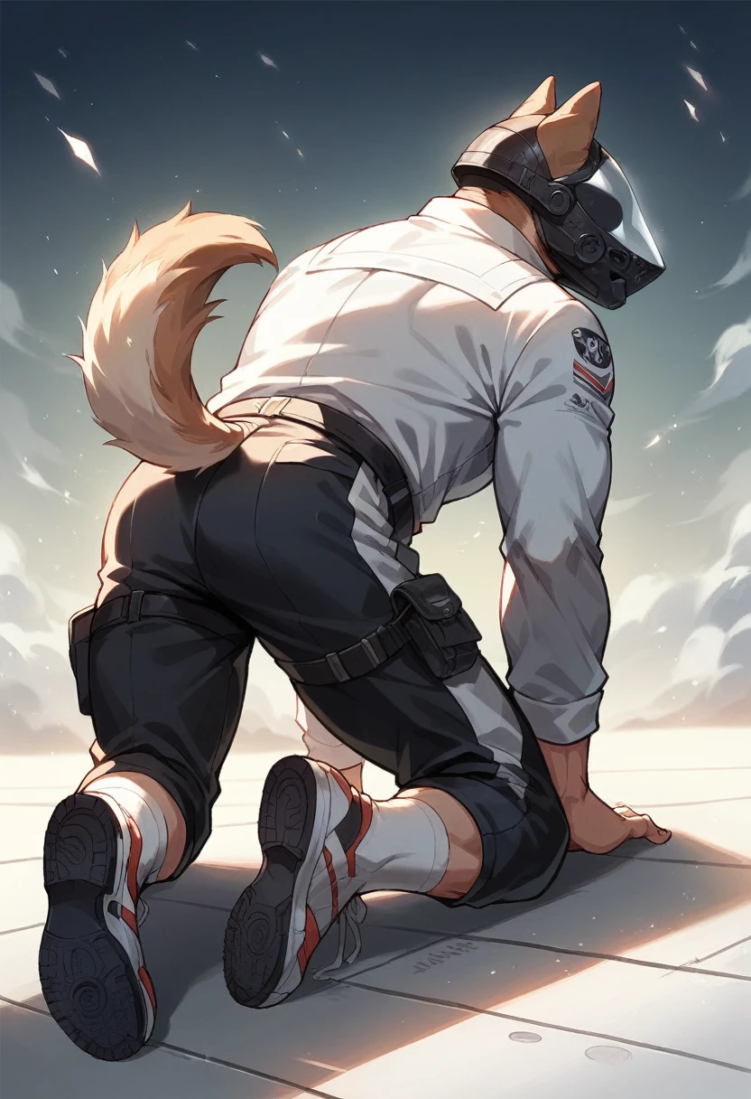 ((nsfw)) Solo, A cute anthro green fox male, male, all green furry body, male, (cute snout:1.2) full body, black nose, ((by hyattlen, by fumiko, by claweddrip)), 4 toes, simple blue eyes, detailed eyes, with black iris, short light grey hair, highly detailed, fluffy tail, fluffy purple tipped ears, soft and warm chest, tired expression, blushing, blush, toned body, wearing black sweater, black sweater, pants on the ground, erected , cute erection, point down genitals, wet hair, tight , plump ass, wet body, wet glossy ass, glossy, side view, profile , lower body profile, sweating, master bating, milk spilling all over the ground, bubbly milk, puddle of milk, underneath, leaking milk, bubbles in the puddle of milk, not looking at viewer, eyes closed, closed eyes, mouth slightly open, tongue out, tongue, well drawn hands, good anatomy, facing away, short hair, public parking lot, hiding in between two cars, between two cars, cement details, afternoon sky, parking lot background, city in the distance background, crouching, kneeling, full body shot, full body shot