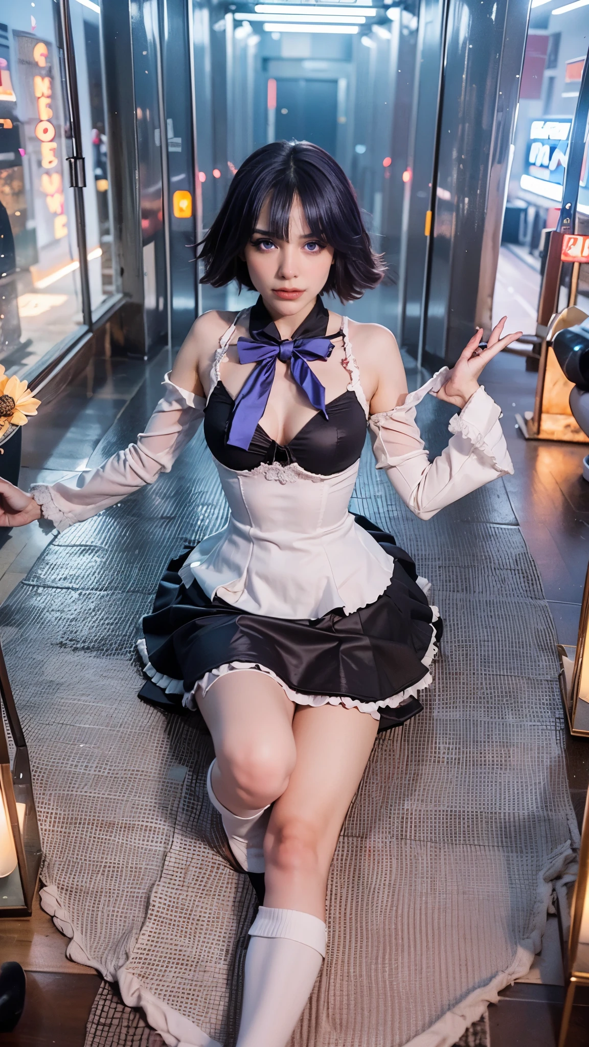 (1 lady), (Best quality at best:1.4), (ultra - detailed), (extremely detailed CG unified 16k), A Beautiful Woman with Perfect Figure: 1.4, Sharp Focus: 1.2, purple hair, very detailed, High-definition RAW color photo, professional photoshooting, amazing face and eyes, cosmetics, (amazingly beautiful girl), ((frederica bernkastel)), Bethcast, ((exact clothes: dress, bowtie, mary janes, socks, cat tail, tail bow, tail ornament)), levitating in a cute posture, (floating in space), (She's levitating in a cosmic sea, outer space:1.3, quantum hyperspace room lacking walls, hyperspace chamber, extremely detailed background, a lot of details background, realistic background), (look from above), realistic cinematic face, head to feet long wide zoomed out view, full body long view, photorealistic, ((realistic natural purple hair style, purple eyes)), gorgeous, extremely beautiful face, perfect model beauty, pout mouth, Highly Detailed Face and Skin Texture, Detailed Eyes, Double Eyelids, Big Breasts, Expressionless, (masterpiece), best quality, high resolution, extremely detailed, cinematic lighting, amazing legs, high heels, clear and well-cared skin, pale skin, frederica bernkastel exact dress: 1, black and white dress: 1, the hemline of the dress is long enough to cover both of her knees, the hemline of the dress ends at her knees, perfectly exact bernkastel dress: 1
