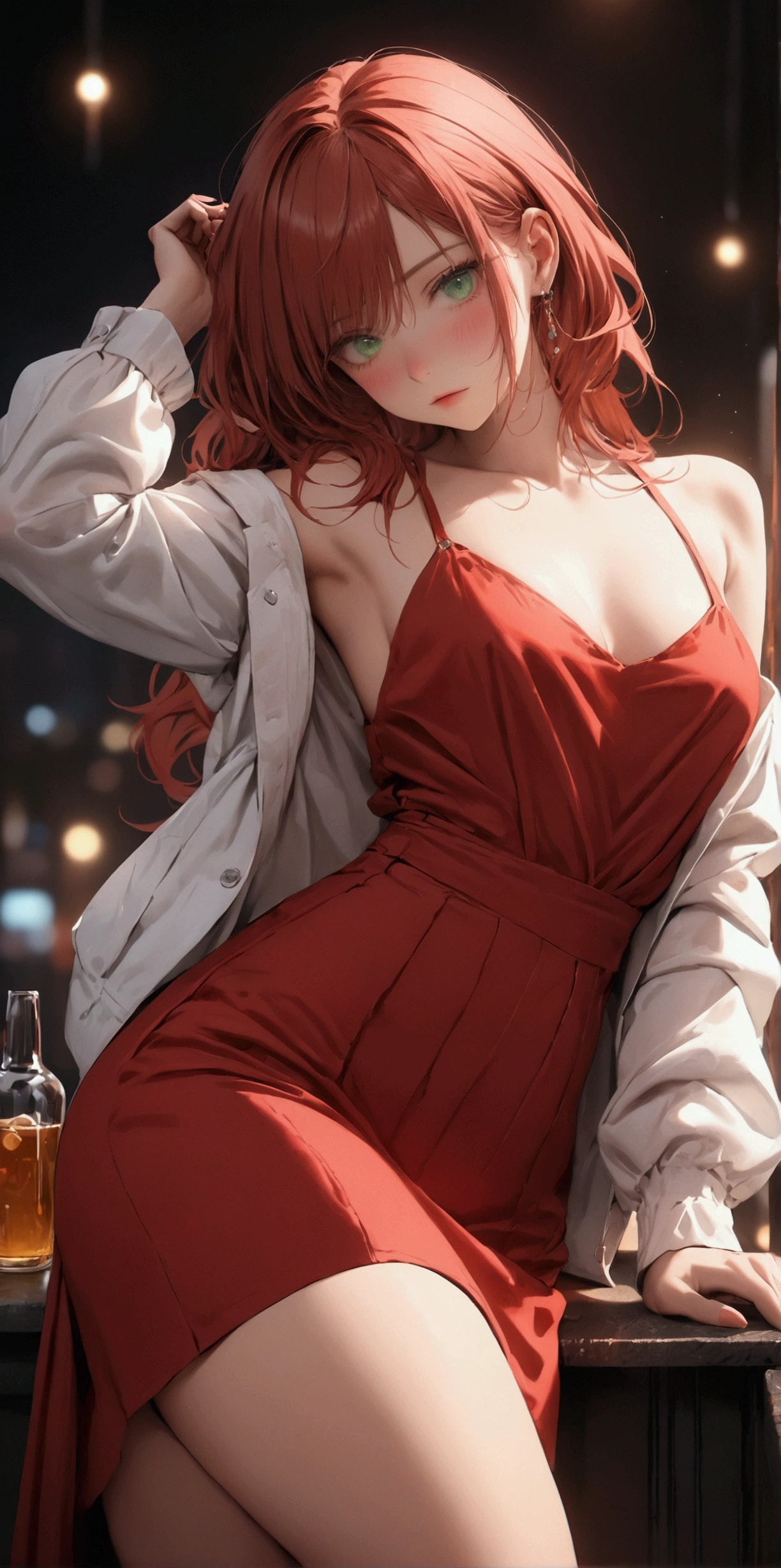 (Highest quality、4K、8k、High resolution、masterpiece:1.2)、Very detailed、(Genuine、Realistic、Realistic:1.3)、Japanese women、red hair、long hair、stars ornament、mile、Large Breasts、Leaning forward、(Backless)High-neck sleeveless knit dress、(((side boob)))、Put your arms behind your head、(((from side)))