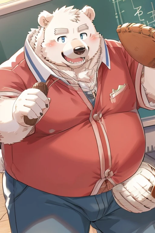 Gained weight、Being overweight、Bear Beast Man、Polar bear、fur、Fluffy、cute、blush、smile、(Low angle)(student、Wearing gakuran、School）(Play catch)