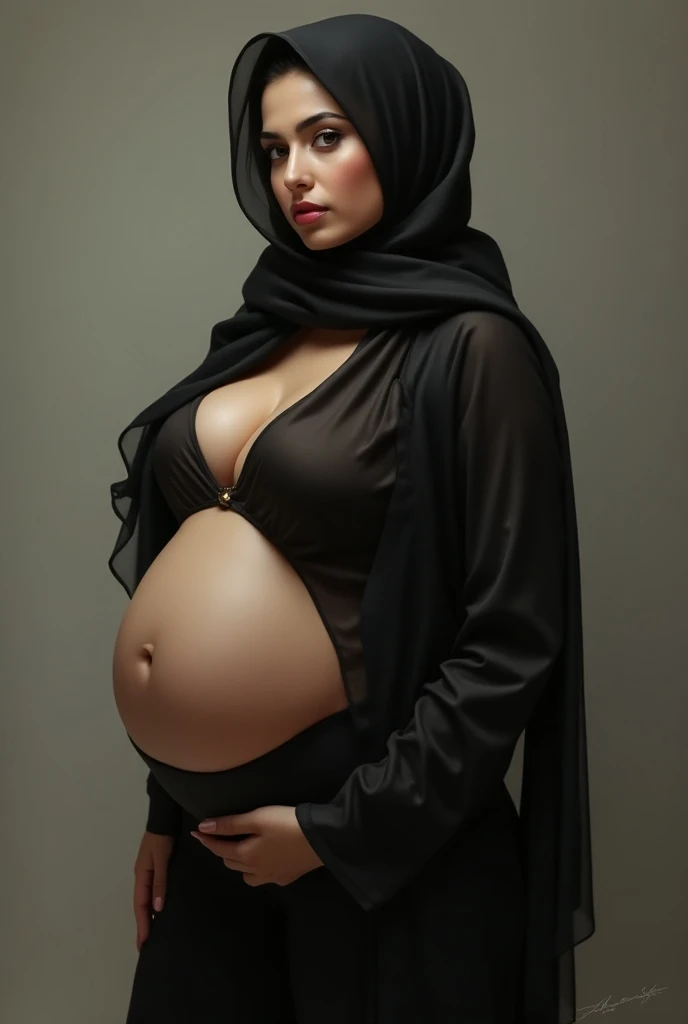 potrait of pregnant women, 23 years old, beautiful face, wearing hijab and moslem outfit, hypersex, absurdres, RAW photo, extremely delicate and beautiful, masterpiece, Best Quality, ultra high resolution, 32k, hyperrealistic, ultra-detailed, perfect anatomy, perfect figure, super Detailed skin, Very detailed CG 8k wallpaper, narrow waist, very small head, very small face, delicate facial features, earring, thin legs