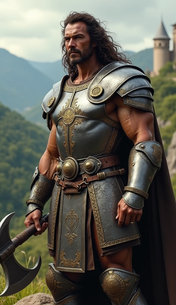 male、Muscular、Rugged face、Muscular々、Bulging eyes、Goggle eyes、Short Hair、Gasatsu、The beard is thick and scruffy、Wearing chain mail、Has a spear、Riding a horse