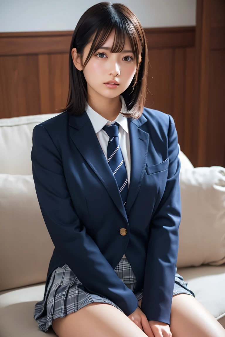 (8k, RAW Photos,Best Quality,  High Resolution :1.1), (超Realisticな:1.4),(Realistic, Realistic:1.3),Japanese beauty 1 girl, Alone, necktie, spread legs, skirt, sitting, school uniform, looking at viewer, plaid, presenting, brown eyes, jacket, socks, striped, couch, striped necktie, shirt, skirt lift, lips, blue necktie, black hair, plaid skirt, clothes lift, white shirt, collared shirt, blazer, long sleeves, indoors, bangs, is, closed mouth, thighs, nose, blue jacket, brown hair, pleated skirt, blue skirt,(( upper body:1.3))