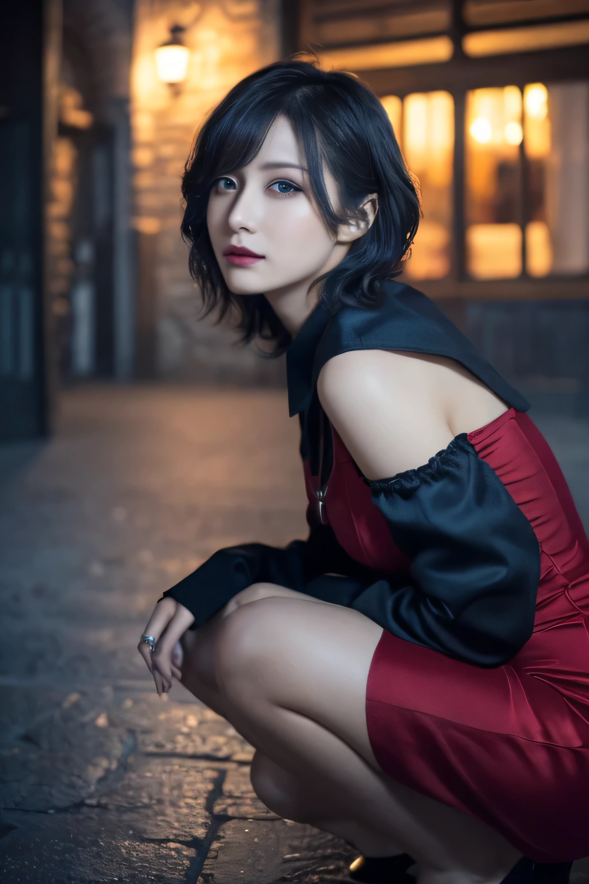 1 girl, (She is wearing a red dress:1.3), (Gothic Makeup), Portrait of a lovely British symphonic metal singer, (RAW Photo Best Quality), (Realistic, Realistic:1.4), (masterpiece), 
But delicate and beautiful, Very detailed, 2k wallpaper, wonderful, finely, Very detailed CG Unity 8K wallpaper, Very detailed, High resolution, Soft light, 
Beautiful detailed girl, Very detailed目と顔, A beautiful and elegant nose, Beautiful Beautiful Eyes, Cinema Lighting, 
(She squats to relieve herself ibandoned medieval town:1.3), (Night Sky), (Girl full body silhouette:1.2), (Dark screen:1.5), (I am so ), 
(short hair), (Messy Hair), (Indigo Color Scheme),
Perfect Anatomy, Slender body, Small breasts