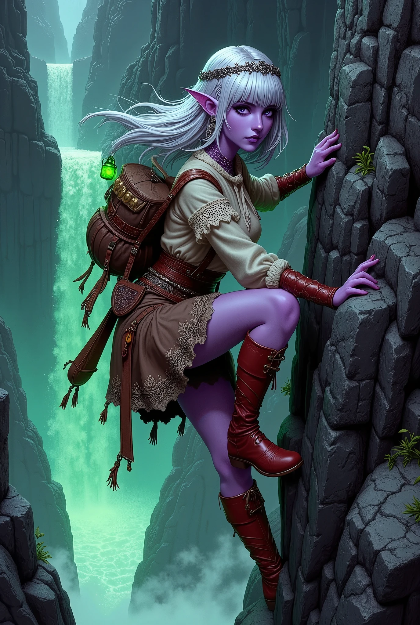 (Ultra-detailed face, Looking away, Fantasy Illustration with Gothic, Dark tone colors.), BREAK 
(This is a fantasy world where medieval Norse-style magic exists. A female dark elf warrior is climbing a steep rock wall next to a waterfall cascading from a jet-black cliff deep underground, stretching out her limbs and skillfully using the clues on the rocks to easily climb up. The area is dimly lit by the green neon-like light of a small lantern hanging from a backpack slung over his back. The waterfall is huge and the current is so strong that even at a distance, the water is splashing. The view is painted from above, looking down on the cliff. A thick shadow covers the area.), BREAK 
(A female dark elf warrior wears a tiara with a silver scorpion motif on her head and a cream-colored ribbon tie made of lace fabric. She wears a light green lace ruffled blouse, a tunic with large dark orange onyx buttons, and a brown knee-length skirt embroidered with a cosmos flower pattern in silver thread. She wears red boots with tassels of woven soft thin strings.), BREAK 
(A young-aged dark elf woman with pure white hair and eyebrows, blunt bangs, very long length disheveled hair, small pink lips, dark-purple color skin, lavender pupils, Draw thick, dark eyeliner around the eyes.), BREAK 
(This is the depths of the earth, where no light reaches. The darkness is as thick as ink, with huge stalactites rising from the subterranean ceiling and stalagmites growing out of the ground. The area is covered with black gas.)