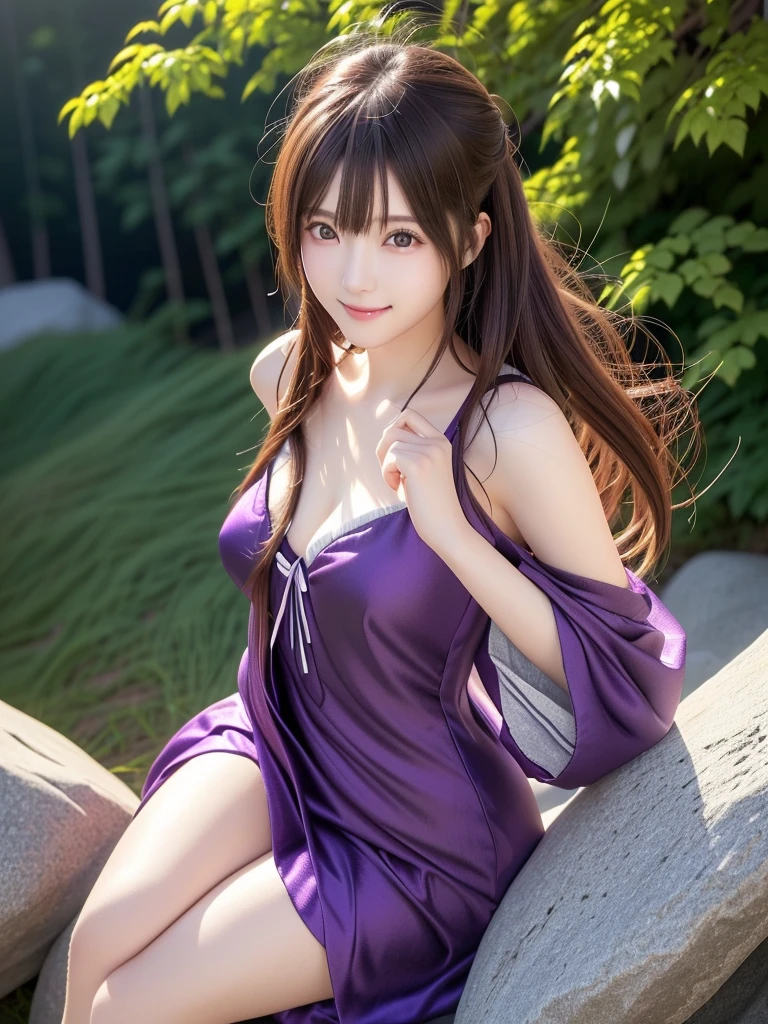 Photo-realistic quality、A Japanese model in a purple dress is sitting on a rock, anime girl Cosplay, anime Cosplay,  Genshin Impact Tokiharu, Cosplay,Games Genshin Impact, Cosplay photo, Anime Goddess,Looking at the camera、Detailed and beautiful eyes、Cute smile、A soft and gentle look
