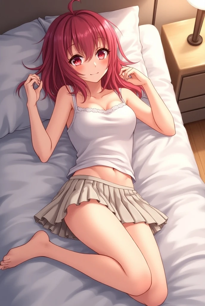 Masterpiece,best quality,Solo, Sakurauchi riko, long hair, blush, love scene, skirt, sleeveless, pleated skirt, standing, serafuku, grey skirt, uranohoshi ,side breast,navel,thicc thighs , laying on bed,on back, lovely smile, sweaty , panties ,big breasts 