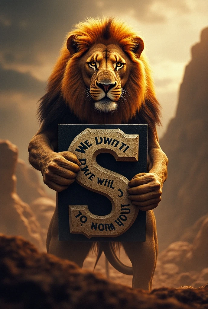 A Lion with human features, gigant ass, with a belt that says PWW. Protecting a lion cub in her lap and roaring in the face of a zombie