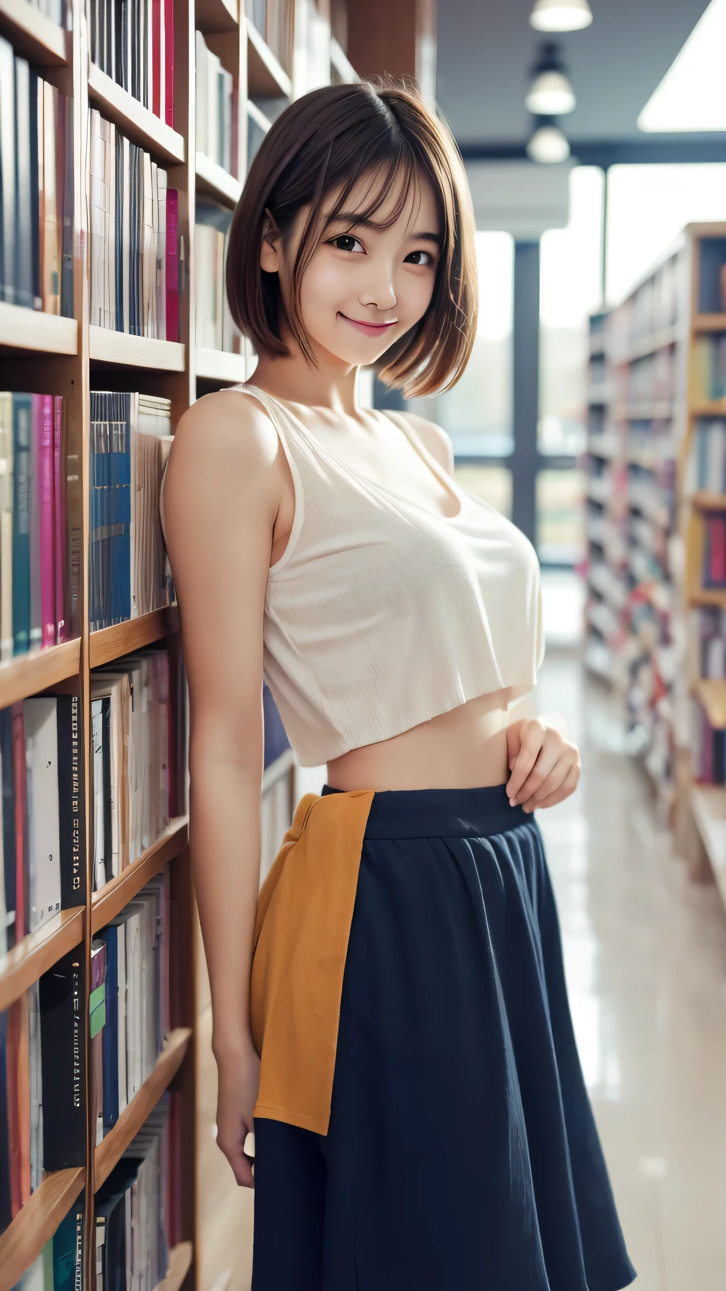 High school students、big breasts、eye glass、book library、unclear、Short Bob、a beauty girl, Wearing Tanktop