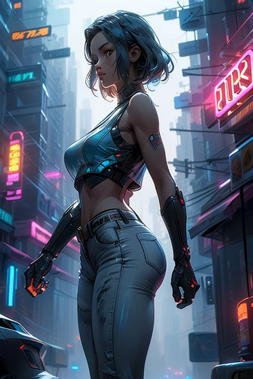 1girl, young girl, Summer Glau stands confidently in a futuristic cityscape, wearing a simple white tank top and a pair of rugged, blue jeans. Her left arm is a sleek, cybernetic masterpiece, with metallic plating and intricate circuits, glowing faintly with a soft blue light. The arm contrasts against her otherwise human appearance, blending seamlessly into her athletic, graceful frame. She stands under the neon glow of the city, with towering skyscrapers and flying vehicles in the background. The atmosphere is a mix of sci-fi and gritty realism, with a cool, futuristic vibe."