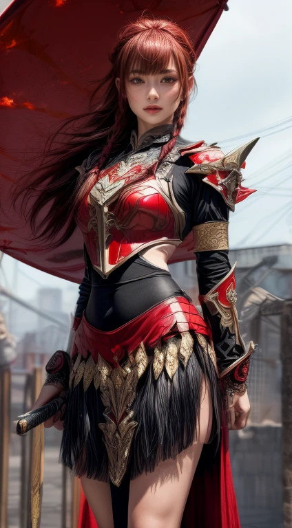 8k,(Samurai)、Devil Mask、Super Beauty(Like the real thing)、Red Armor Solo Adult Devil Woman、Muscular macho body type,Super Muscular Beauty,Bodybuilding,(Equipped with a long and large spear)、Mature Woman Big Woman Devil。Sturdy jaw(Like the real thing),Stand facing forward,Demon Armor,A wonderful work of art,((Kyoto Panel Style))、Wind effects:1.9、Cloud effect:1.2、Full Rendering,Devil makeup,masterpiece,Photorealistic RAW photos of the highest quality。Bright colors,Rich colors, Backlight, Cinema Lighting, Film Grain, 50mm lens, Nikon D850,Ultra-Realistic Skin,Fantasy art,Character Art,Ultra-high resolution,Realistic scale skins,Perfect hand shape,View your viewers,View your viewers,Top-down view,close,Dynamic fighting pose,