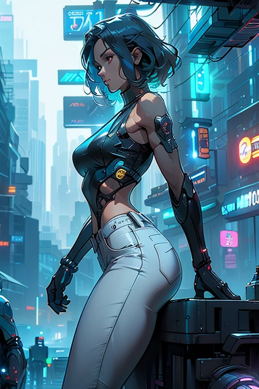 Alita, 3d, cg,  wide hip, full body, figure and graceful curves, with your hands on the back of your neck,  cybernetic leotard, extreme beauty, style Fortnite, Unreal Engine 5.1, cyberpunk city --auto --s2