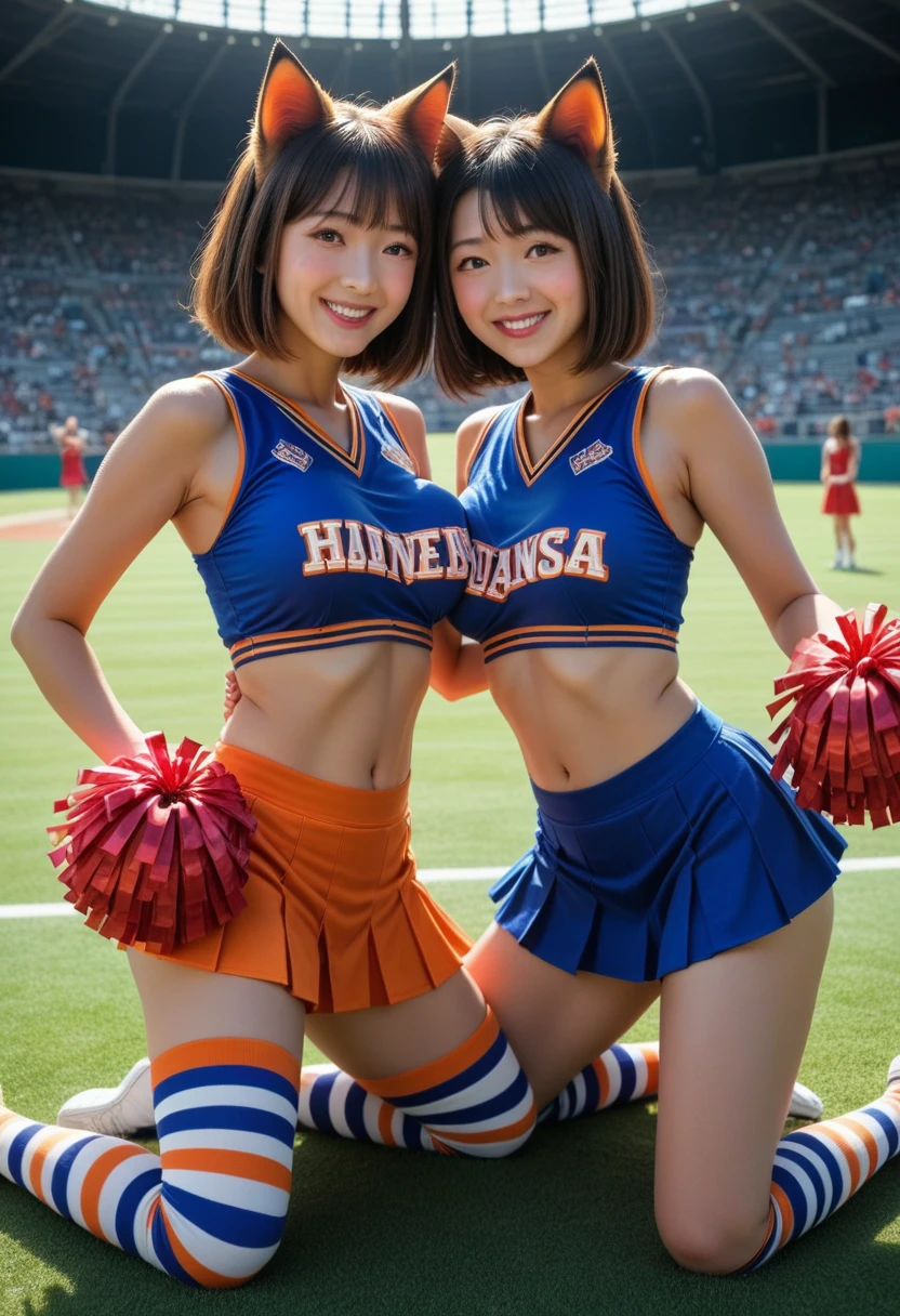 beautiful, (masterpiece), Best Quality, (extremely detailed face), extremely detailed eyes,   perfect lighting, 全体detailed, detailed, Deep Skin, textured skin,
,Fox costume ,orange fox ears ， black cheerleader costume ，Long Hair, Cheerleader， 2 women，Cheer dance for 2，2 people line up to dance ，orange fox tail ，9 fox tails， micro mini skirt ，お尻から9 fox tailsが生えている，Fox Dance，Big smile,Yokohama Arena，Dancing on the grass  ,Petite women，Standing on one leg，Raise one leg high，非常にbeautiful女性，Beauty，Semen squirts out of the crotch，glamorous
,(RAW Photos:1.2),((Realistic:1.4))Best Quality ,masterpiece, とても繊細でbeautiful, 非常にdetailed ,8K wallpaper, wonderful, detailed, masterpiece,Best Quality,My breasts are overflowing，Creampie， I can see my boobs，Grassland in the daytime， white semen overflowing from crotch ，Creampie，Semen overflowed，Emphasis on the crotch，With legs apart，Semen on your fingers，See-through， striped stockings to sit between cats， brownish black hair ，Short Bob，Super big breasts，Blushed，Nipplesがピンク色，My chest was exposed，beautifuldetailedな***, 非常にdetailed eyes and face, beautiful細部, light shines on the face , beautiful髪の毛，Emphasize the breasts，Nipples，There is hair in the crotch，Her breasts are exposed，The crotch is completely exposed，happy， cute smile 