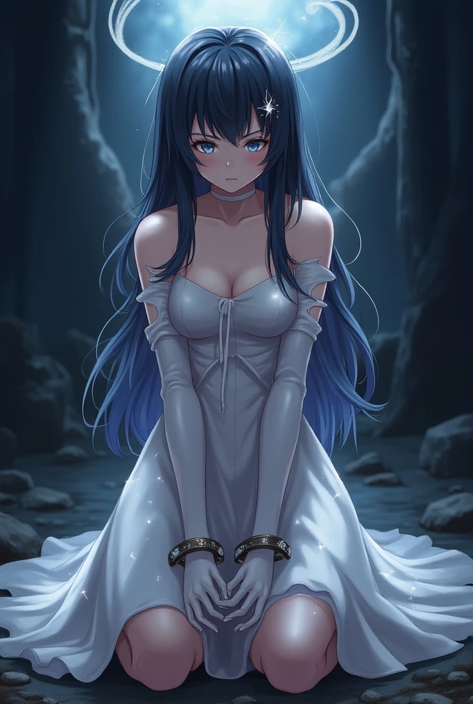 1girl, {{black hair, blue eyes}}, laying down on bed, one eye open, bare legs, nightgown, blue roses on bed, ((splash illustration, scan, render)), (highres 1.2), (ultra-detailed 1.2), (high quality, absurdres, masterpiece), {{{dynamic angle, moody lighting, low saturation, muted colors}}}, {wallpaper, rain}