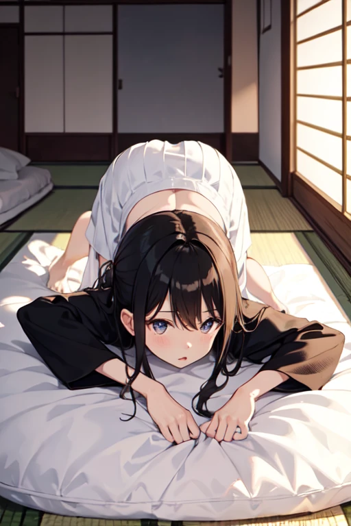 nsfw, girl lays on a bed, 1girl, solo, breasts, ,black hair, long hair ,((lying on back)), white pajamas, (messy clothes: 1.0), (Background: Bedroom with tatami mats),(large breasts),blush,(embarrassed), surprised, (upset:1.0), parted lips, sweat, (snakes 1.5), (snake tail), pretty girl, (looking up:1.0), night, steam, best quality,detailed,high resolution,
