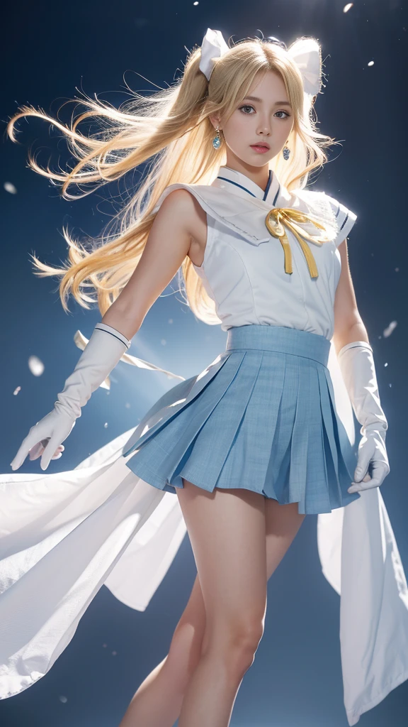 (Extreme detail CG Unity 8K wallpaper, masterpiece, highest quality), (exquisite lighting and shadow, highly dramatic picture, cinematic lens effect), (Sailor Moon: 1.1), charming smile, double tail, blue eyes, blond hair, tight top, white gloves, mini skirt, dynamic pose), the background is the universe (excellent detail, excellent lighting, wide angle), (excellent rendering, enough to stand out in its class),