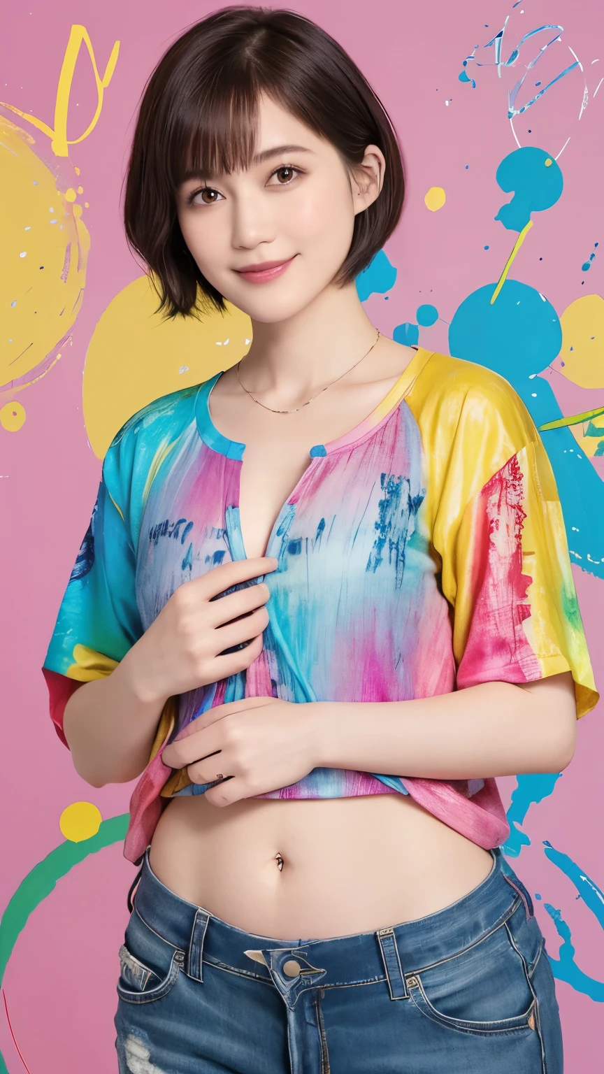 304 (20-year-old woman,       short bob hair), (A kind smile), (colorful), ((    charactersＴshirt)), Wear long pants  ,   abstract splash paint, (Doodle:1.46), (Chest:1.46)