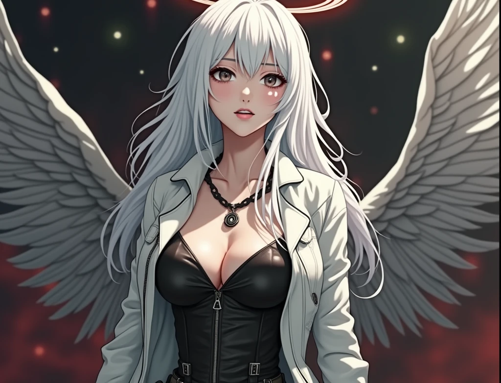 (8k, Highest quality, Manga style, View your viewers, Intricate details:1.3),(One person, Nakiri Ayame, 2Demon horns in the book, Multicolored Hair, Long Hair, Red eyes, Gray Hair), (Six alternating white angel wings and black devil wings:1.3), (China dress, See-through, Sweating, Full body portrait, Being hit by rain, Soaking wet)