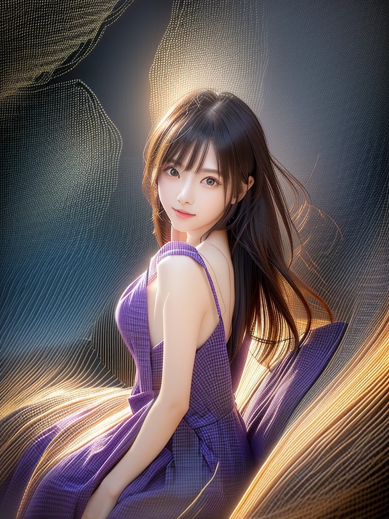 (logo、masterpiece、8k、Tabletop、RAW Photos、wonderful、最high quality、フォトリアルでVery detailedなCG合成8k壁紙、high quality、Very detailed、Narrative poem、Particle Effects、Dynamic Effects、Depth of the Boundary)What is written is、Cinematic Light、Lens flare、Ray Tracing）、Fantasy、（Purple Dress）、（night、night空、Starry Sky、full moon）、（Girl looking up at the sky）、sit、cute、Japanese style、 (smile)、Long Hair、Strong winds、(Hair blowing in the wind)、Natural light、moonlight、(Horizontal photography)、(chest emphasis)、(Low position)、(Low - Angle)