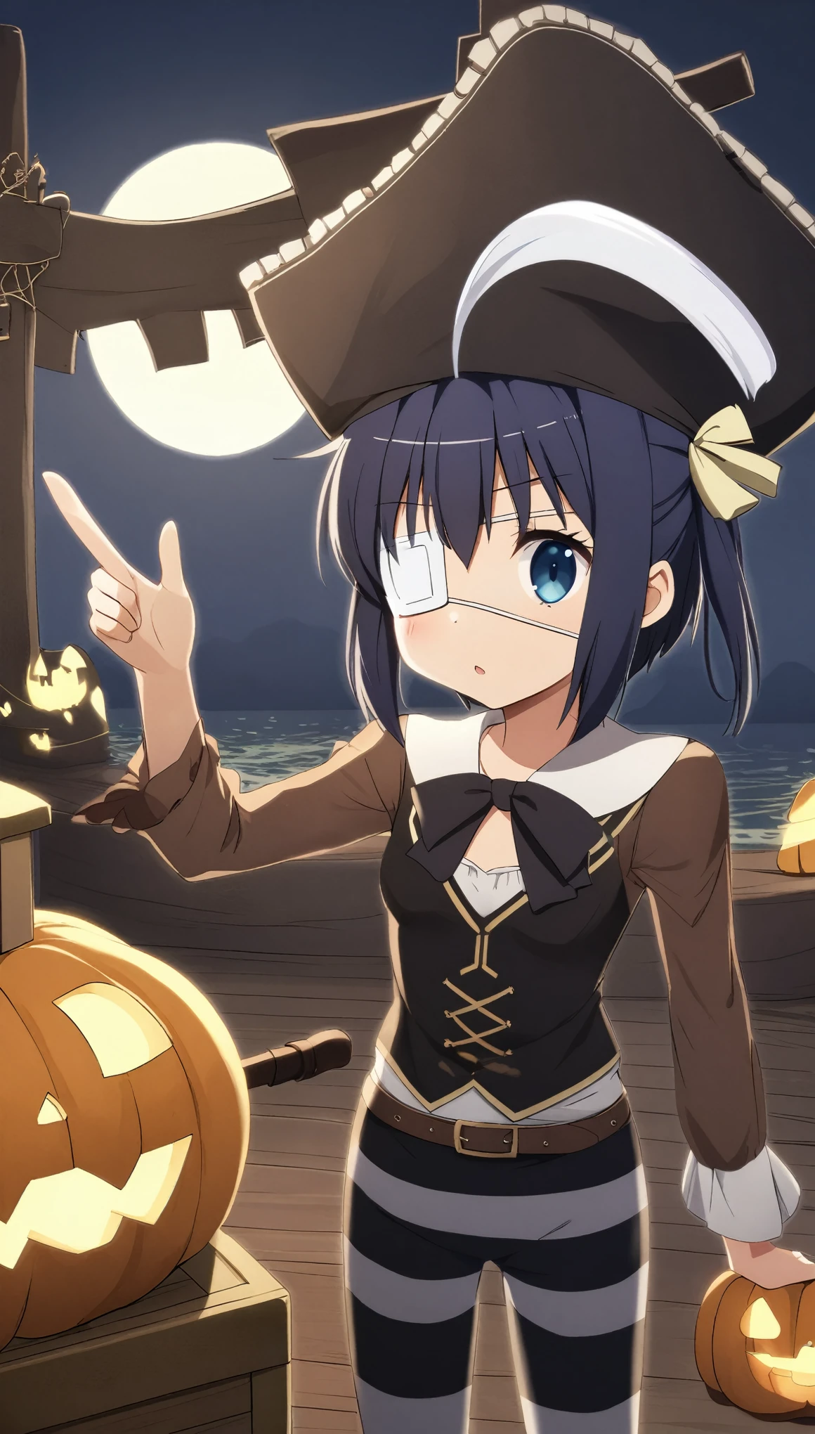 takanashi rikka ,small breasts,((one side up)),hair ornament,hair ribbon,eyepatch,bow,,ribbon,ahoge,pirate costume, tricorn hat, eyepatch, cutlass, striped pants, gold earrings, rugged look, treasure chest, ship deck setting, jack-o’-lanterns glowing, full moon, eerie shadows, cobwebs, carved pumpkins,
Broken pirate ship,night