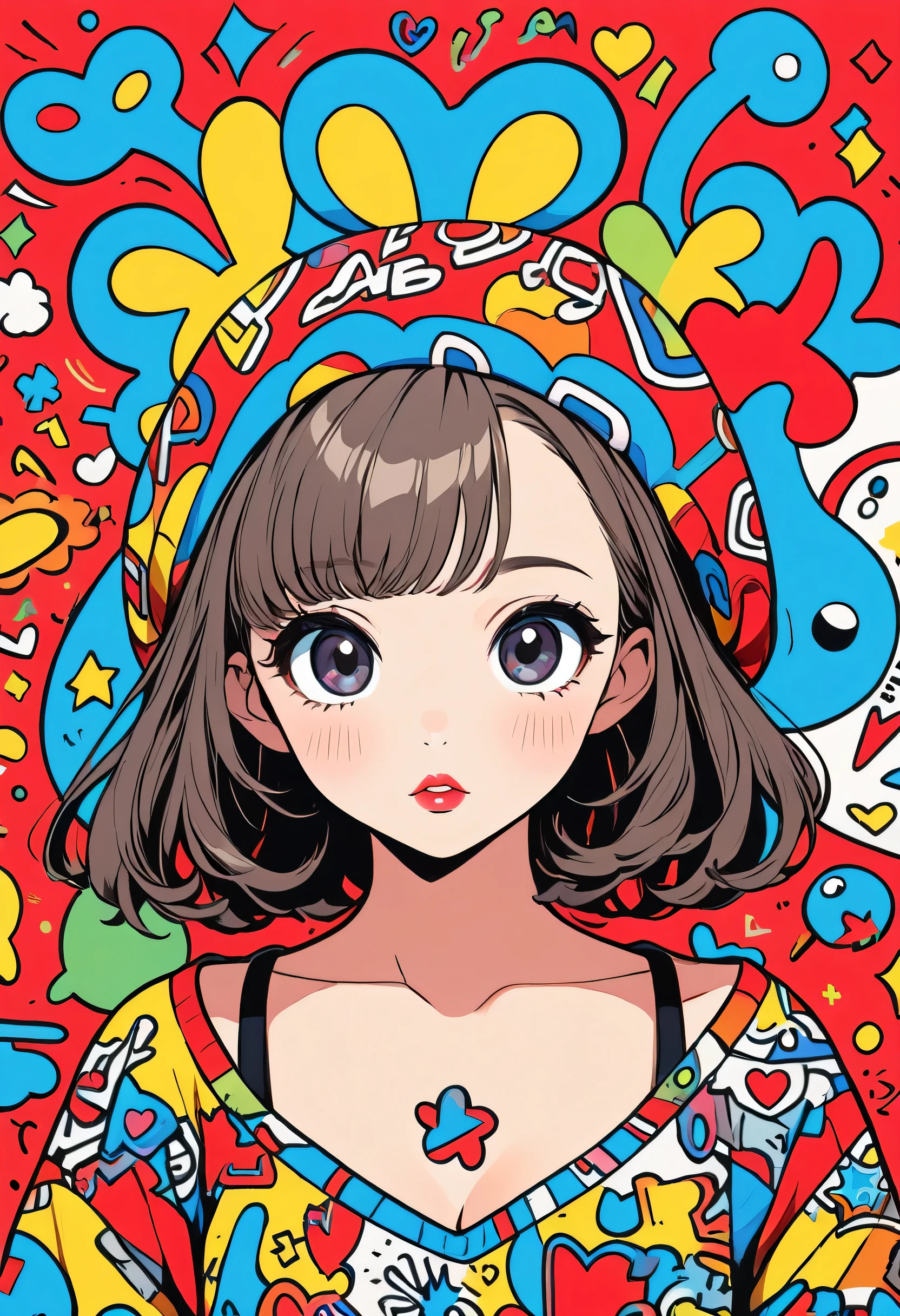 Ultra-realism Keith Haring colorful style, Simple Line Initialism,Abstract art,(((The most beautiful girl of all time))), Sweet face. Lips in love, stylish design, Dark Eyes, (((Holiday Room))), (((Cute amoeba)))