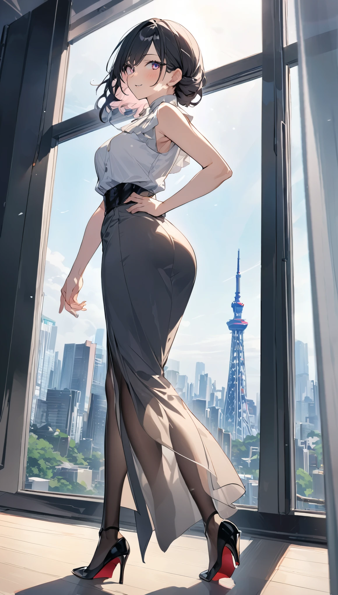 (1 Girl with Glasses:1.3, alone), (Audrey Hepburn:1.3), (Very cute and beautiful Japanese women), (Sexy Girl), (Professional attire:1.3), (22 years old: 1.1), (From below:1.3), (Low - Angle:1.3), (Ground Level Shot:1.3), (Top girl:1.3), (Arms behind your back、Between the legs:1.3), (Attractive random poses:1.3), (In the Queen&#39;s Room:1.3), (Looking down:1.3), (Staring at you:1.3), (Front view:1.3), break, (ponytail:1.3), (光沢のある黒いthin髪:1.2), bangs, Dark brown eyes, Beautiful Eyes, Princess Eyes, (Big eyes:1.3), bangs, Wear glasses:1.3, Hair between the eyes, short hair:1.3, (thin:1.1), (Small～Mid-chest:0.95), (thinウエスト: 1.15), (Detailed beautiful girl: 1.4), Part your lips, Red lips, Full makeup face, (Shiny skin), ((Perfect female body)), (Upper body image:1.3), Perfect Anatomy, Perfect proportions, (The most beautiful face of Korean actresses:1.3, The face of a very cute and beautiful Japanese actress:1.3), break, (Show Viewer, She is wearing a sexy teacher&#39;s uniform with embroidered frills., (Very elaborate and elegant costumes:1.3), (Backless halter princess dress:1.3), (Off-the-shoulder dress:1.3), (White and blue dress:1.3), (High waist ruffled skirt:1.3), Detailed clothing, break, (A detailed and elegant queen&#39;s room backdrop:1.2), (Dark Background), (Studio Soft Lighting: 1.3), (Fake lights: 1.3), (Backlight: 1.3), break, (Realistic, Realistic: 1.37), (masterpiece, Highest quality: 1.2), (Ultra-high resolution: 1.2), (RAW Photos: 1.2), (Sharp focus: 1.3), (Face Focus: 1.2), (Ultra High Definition CG Integrated 8K Wallpaper: 1.2), (Beautiful Skin: 1.2), (Pale skin: 1.3), (Hyper Sharp focus: 1.5), (Ultra Sharp focus: 1.5), (Beautiful pretty face: 1.3), (Highly detailed background, Detailed Background: 1.3), Ultra Realistic Photo, Ultra-sharp images, Hyper-detail image,