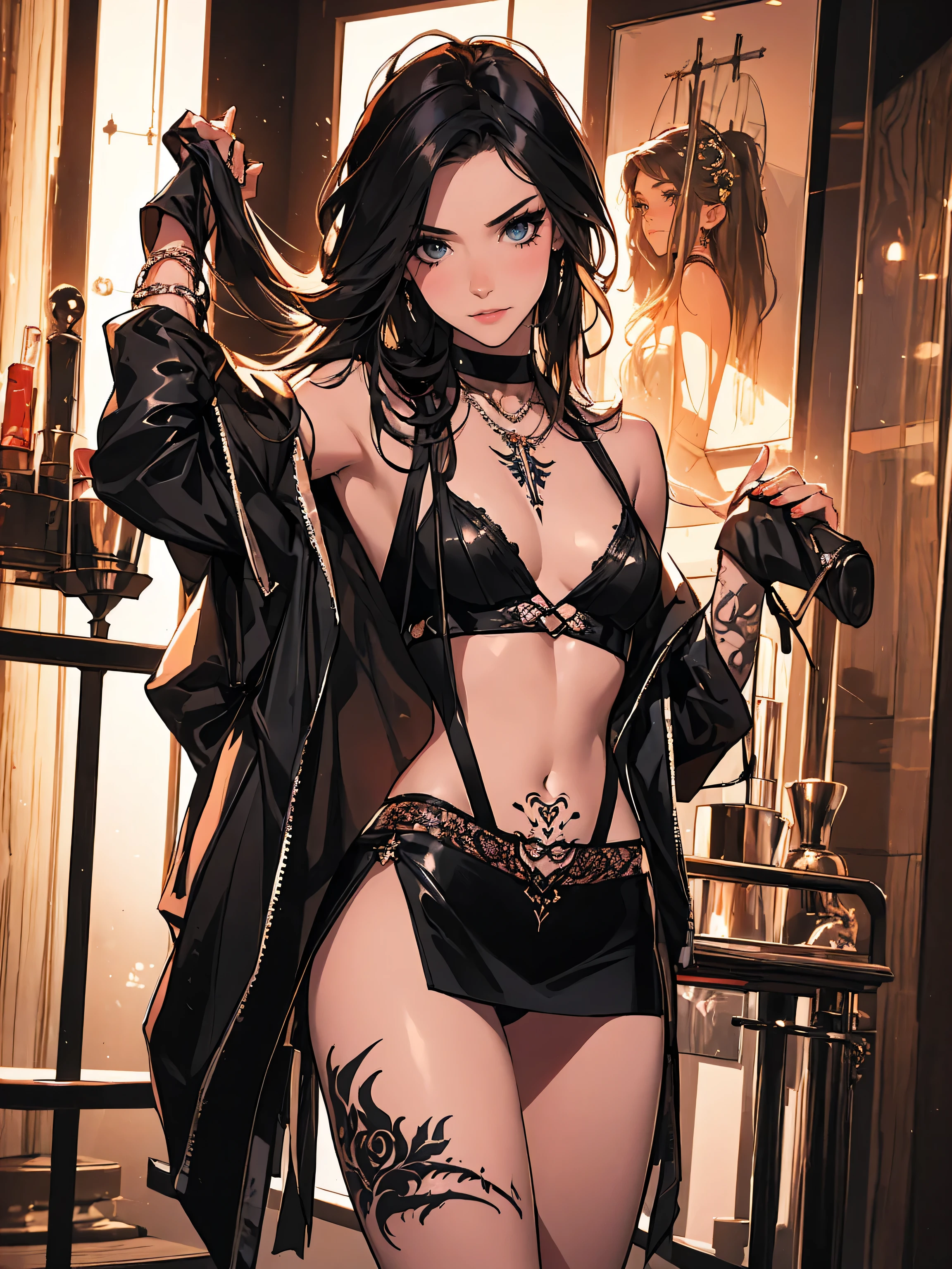 human, accompaniment, masterpiece, best quality, super detailed, illustration, (super detailed face), (best face), in the bar, lonely expression, 45 years old, human wife, 1girl, burst breasts, widow, cheating, sweating, estrus, brown curls, black leather coat, belt, wedding ring, chest tattoo, lower abdomen tattoo, seductive cleavage, beautiful legs, black stockings, open leg sitting, bar owner, cheating, drunkenness, intricate detail outfit