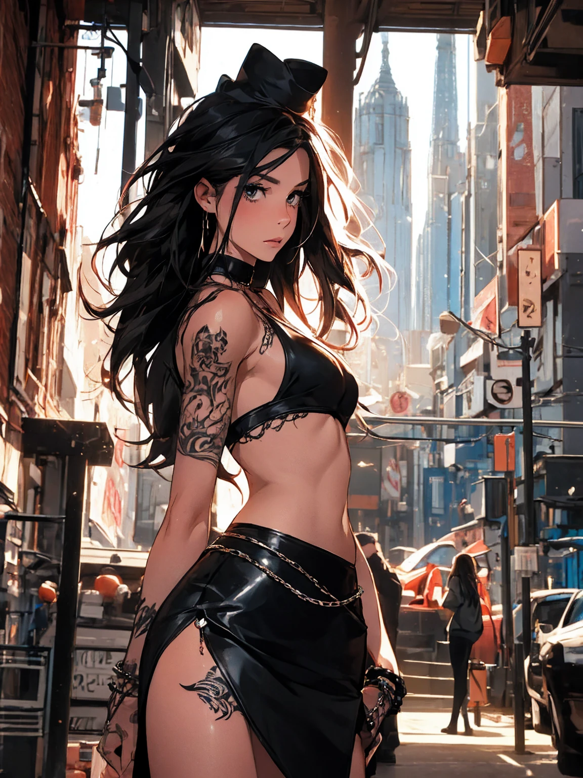 Woman, Black Hair, Long Hair, Straight Hair, Large Breasts, Black Lingerie, Dark Makeup, Heavy Eyeliner, (Colorful Tattoos), in Ruined City, ((in Destroyed City))