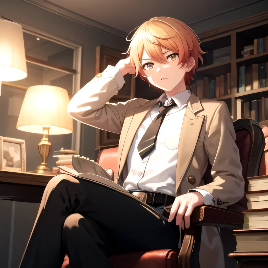 Tenma_T, looking aT viewer, shirT, Long sleeve, holding, hair beTween eyes,  jewelry , siTTing, closed mouTh, jackeT, Yellow Eyes, whiTe shirT, open cloThes, necktie, collared shirT, belt, panTs, indoor,  orange hair , open jackeT, Books, Check pattern, buTTons, feeT ouT of frame, chair, black panTs,  Cross Leg, feaThers,  wing collar , curTains, lighT parTicles, machine,   hand in own hair , black belt, paper, open Books, Booksshelf, lamp, Candles,  put your hands on your head, Books sTack, picTure frame, Quill pen, CandlessTand, machine lamp,  inkwell , CandleslighT