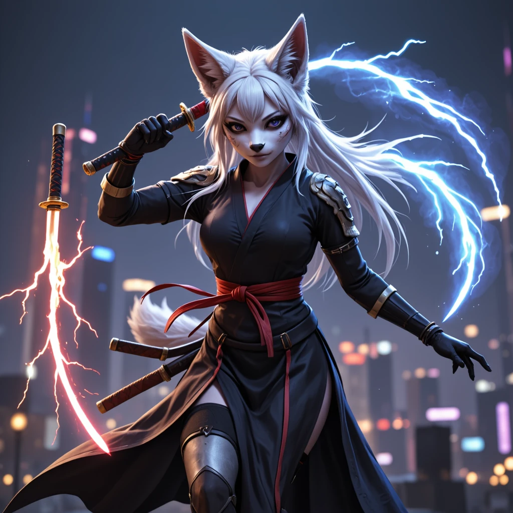 1 woman,   Pure White Hair, fox mask ,Unmask,  Black dress, Have a sword,  battojutsu, Full body  ,  dynamic movement , spell, Lightning Spray , RED LIGHTNING SPARKLE,  Blue Flame, night future city background, 3d, 3D rendering  , Dynamic Camera Angle,  optical difference, illustration, Computer graphics,