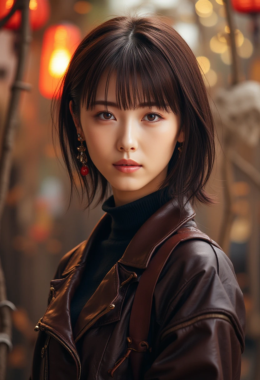 (8 k, Raw photos ,  high quality , masterpiece: 1.2),  ultra detailed ,  Ultra high definition , (Real Photos: 1.37), portraits,  high-resolution RAW photos ,  Professional photos ,  official art , highly detailed CG Unity 8 k wallpapers,  beautiful woman with East Asian appearance, very detailed faces, Very detailed eyes,  very detailed leather ,  Detailed nose ,  Very detailed mouth , Perfect Anatomy, very detailed background, Very detailed clothing, realistic body, white skin, glowing skin,, brown hair, {short|long} hair, (blunt bangs:1.2), slight smile, Realistic face,  bold design outfits , earrings, camera view,  cowboy shot , Standing figure ,  Dynamic lighting , full height, whole body, 