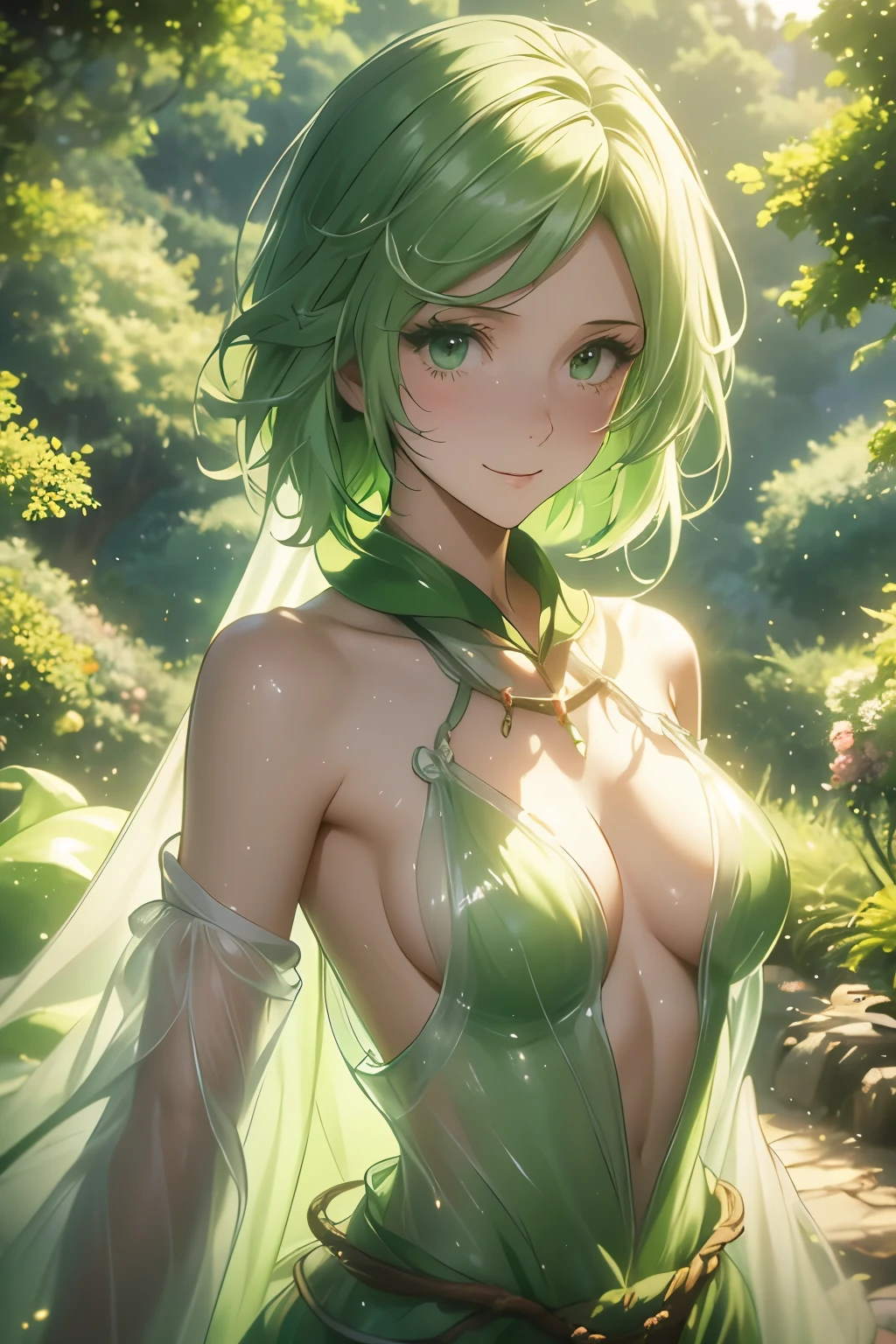 （（（ＳＦＷ、Highest quality、 First Class 、masterpiece、Normal body、8k、Detailed face、Ultra-precision、Normal hand、Normal finger、Masterpiece）））、Tria 、 Dryad、Green Hair、Bobcut、-That Time I Got Reincarnated as a Slime-、Easy smile 、Sexy、pure、transparent white and green robe、See-through nipples、Nipple erection、Sensitive nipples、Estrus、Hot flashes、Shyness、blush、Breeze 、 Wind of Protection、magic、 Magic Light 、See-through、Transparency、Slightly erotic、 sexy pose、Great Forest、whole body